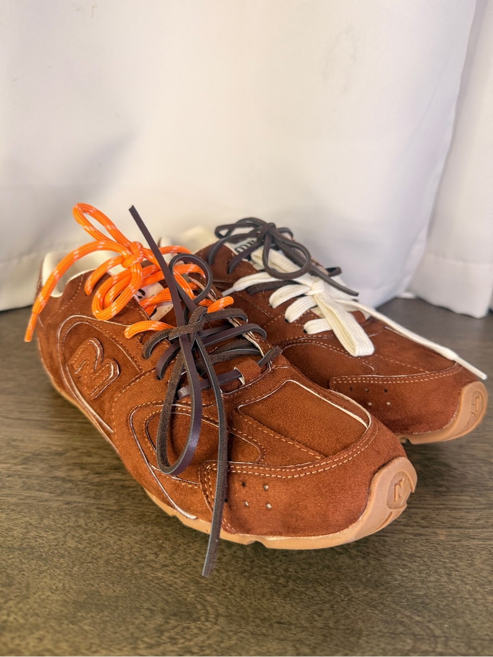 New Balance x miu miu Brown Suede Athletic Sneakers with Orange & White Laces